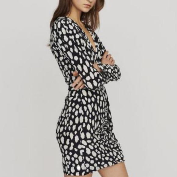 Maje Rossima Black White Spotted Dress V Neck Long Sleeve Faux Wrap Size 2 - Picture 4 of 11